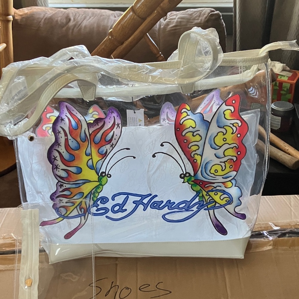 Ed Hardy Multicolor Butterfly Clear Tote